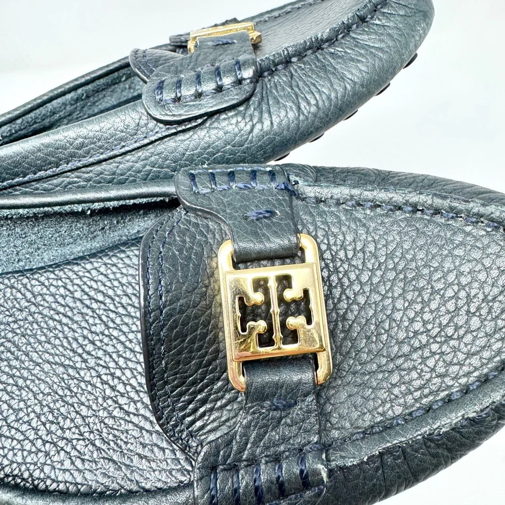 Tory Burch Kendrick Tumbled Leather Driver Loafers - Navy Blue size 7.5